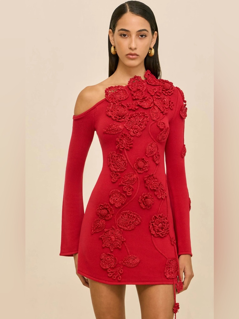 New Cult Gaia Kaela Red Asymmetrical One-Shoulder Floral Appliqué Dress